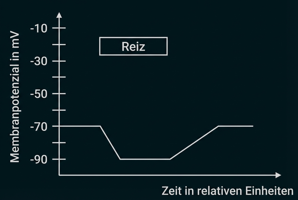 Grafik: Membranpotenzial (mV) über Zeit, fällt bei Reiz von -70 mV auf -90 mV und steigt dann zurück